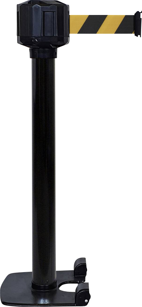 Schwarzer Absperrständer mit ausziehbarem gelb-schwarzem Band zur Zugangskontrolle oder Wegleitung. Geeignet für Veranstaltungen oder Sicherheitsbereiche.