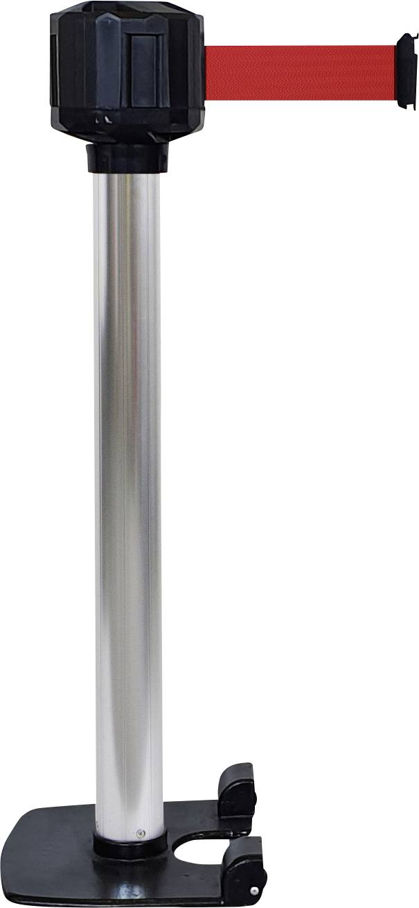 Metallsäule mit ausziehbarem, rotem Band, das zur Absperrung oder Leitung von Personen verwendet wird.