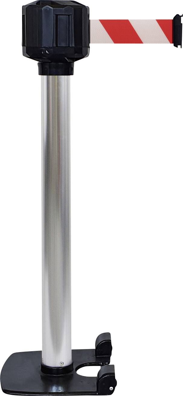 Ein silberner Absperrständer mit rot-weißem, diagonale Streifenband, das ausrollbar ist.
