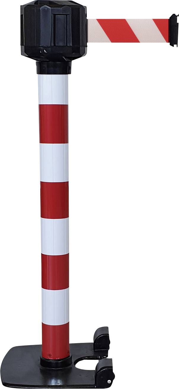 Barrierepfosten mit rot-weiß gestreiftem Band zur Absperrung oder Kennzeichnung von Bereichen.