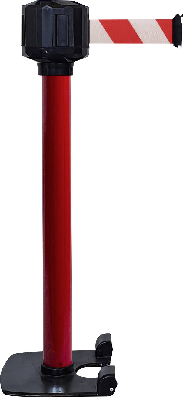 Ein roter Absperrpfosten mit einem ausziehbaren, rot-weiß gestreiften Band, das für Zugangskontrolle oder Sicherheitszwecke verwendet wird.