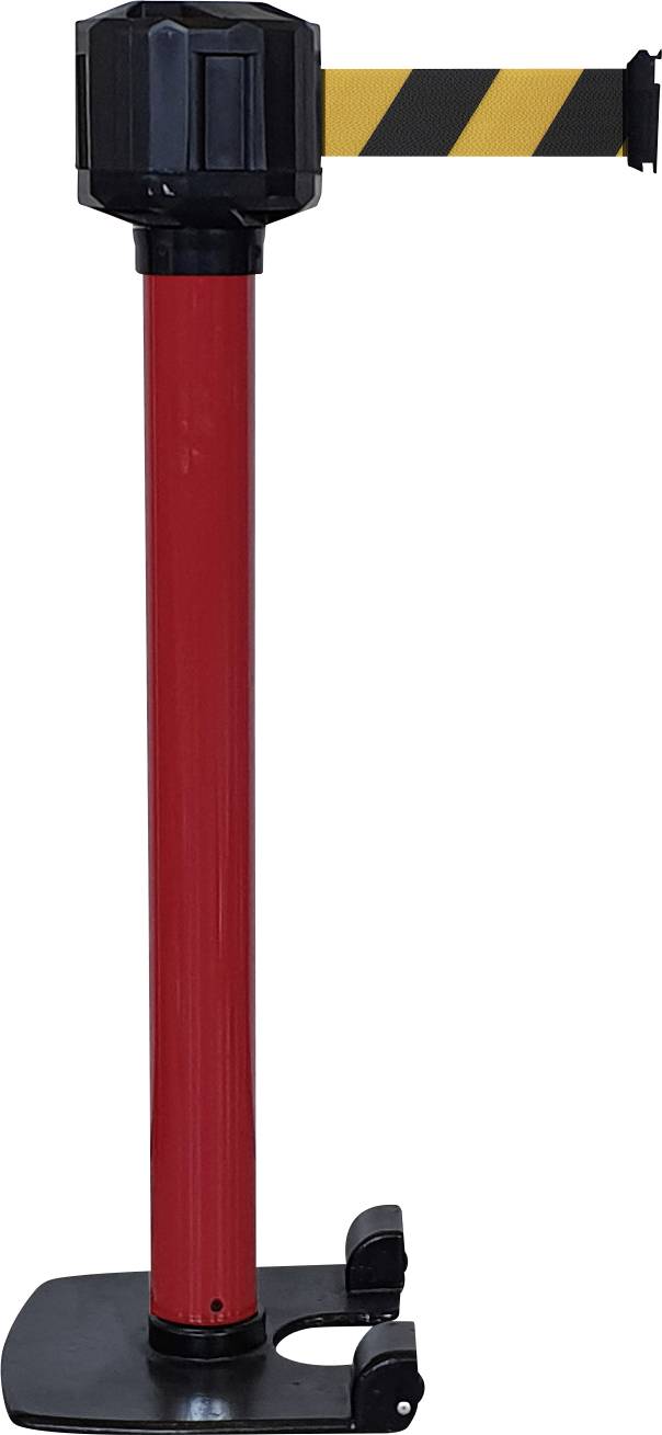 Roter Absperrpfosten mit schwarz-gelbem Band zur Bereichsabsperrung.