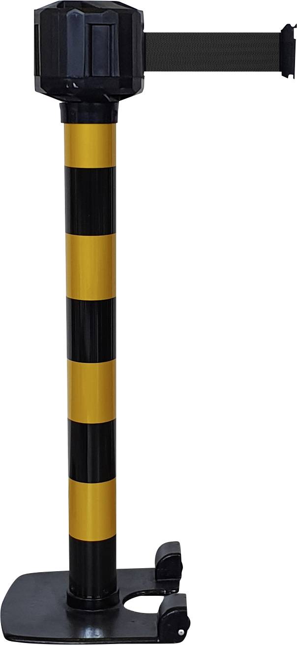 Schwarz-gelb gestreifter Absperrpfosten mit ausziehbarem Gurt für Zugangskontrolle in Innenbereichen.