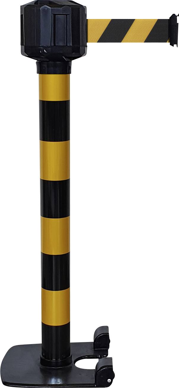 Absperrpfosten mit schwarz-gelben Streifen und ausziehbarem Band zur Absperrung oder Sicherung von Bereichen.