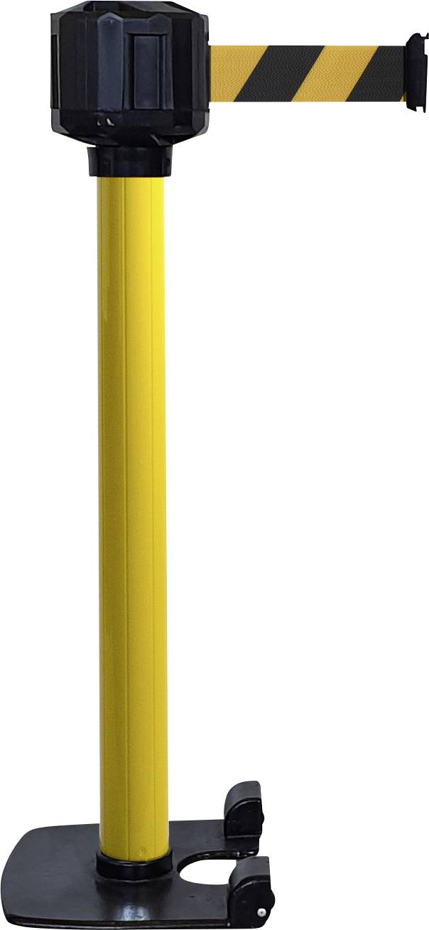 Gelber Absperrpfosten mit schwarzem, gelb gestreiftem Band, das sich oben herausziehen lässt, zur Absperrung und Wegführung in Innenräumen.