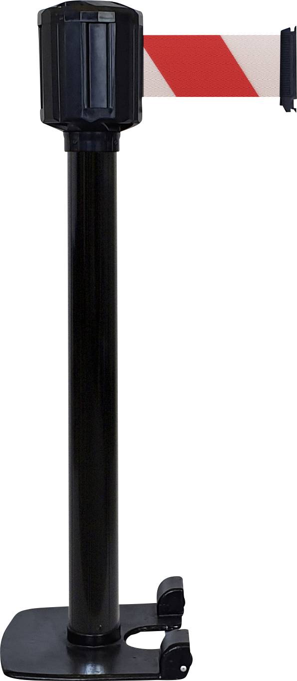 Schwarzer Absperrständer mit einziehbarem Gurtband, rot-weiß gestreift, zur Steuerung von Personenströmen in öffentlichen Bereichen.