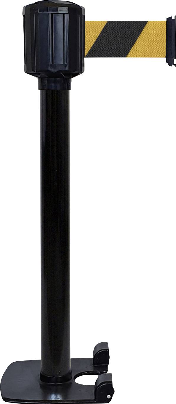 Absperrständer mit schwarzem Pfosten und gelb-schwarzem Band, häufig zur Zugangskontrolle oder Sicherheitsabgrenzung verwendet.