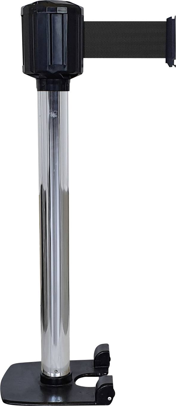 Metallischer Absperrpfosten mit ausziehbarem Gurtband zur Kontrolle von Menschenmengen in öffentlichen Bereichen.