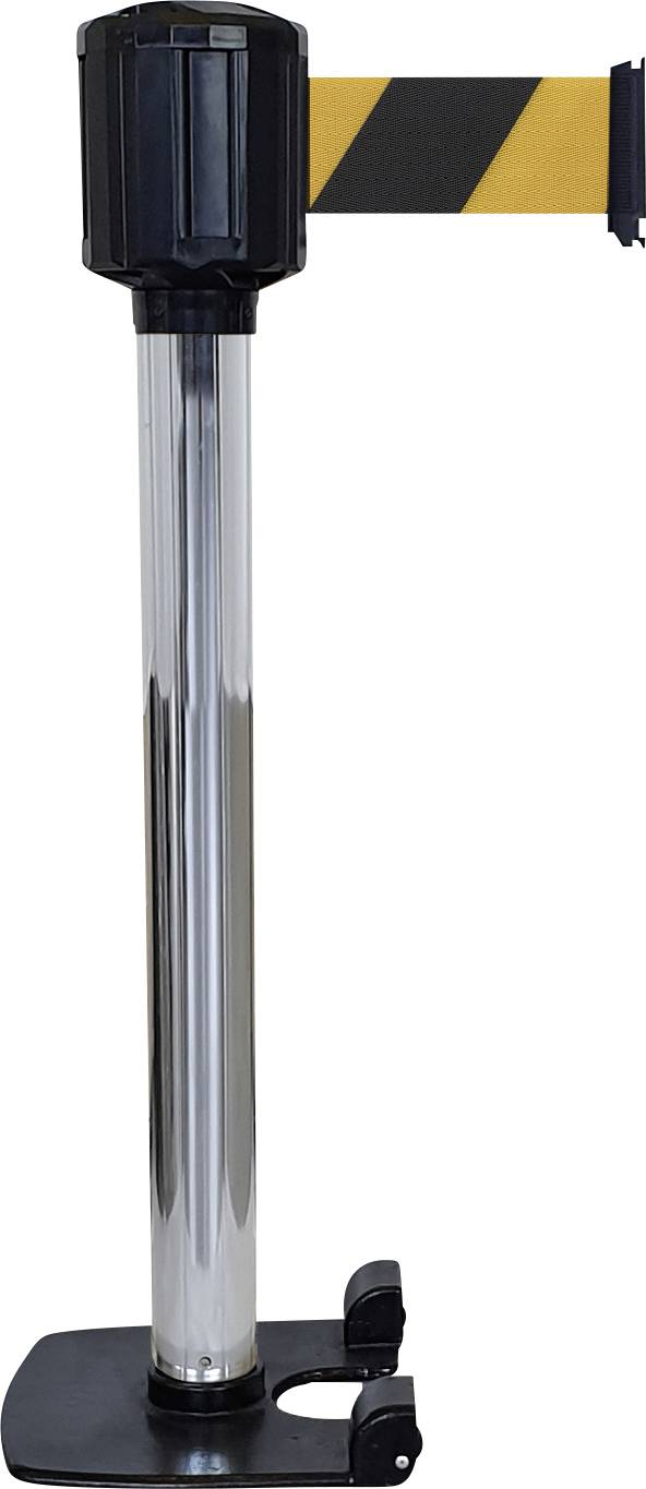 Absperrpfosten mit gelb-schwarz gestreiftem Gurt zur Regelung von Menschenmengen.