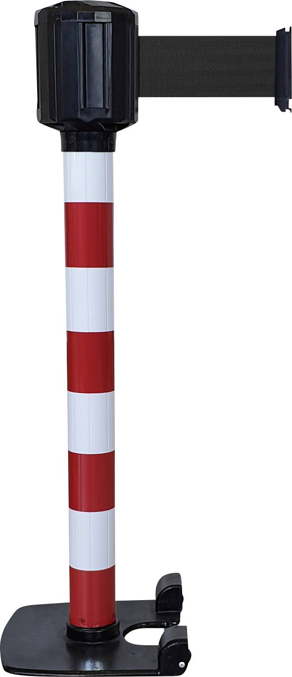 Ein rot-weiß gestreifter Absperrpfosten mit einem ausziehbaren schwarzen Band. Sie dient zur Bereichsabgrenzung oder Personenführung.