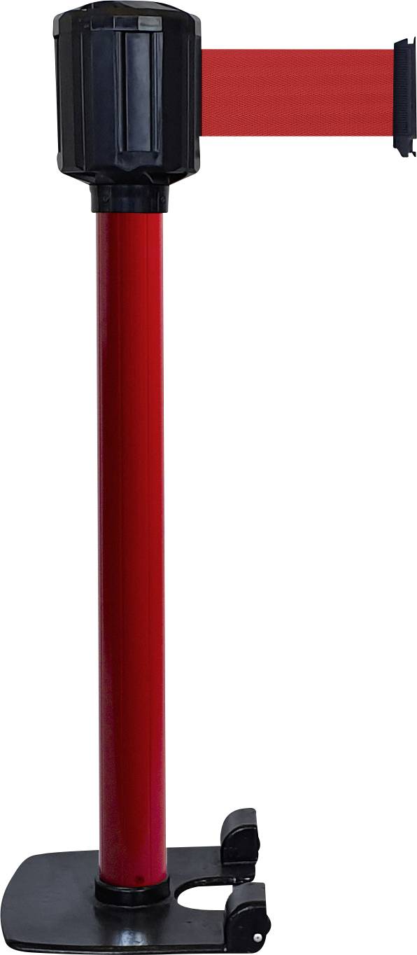 Roter Absperrpfosten mit ausziehbarem Band für Personenführung oder Sicherheitsabsperrungen.