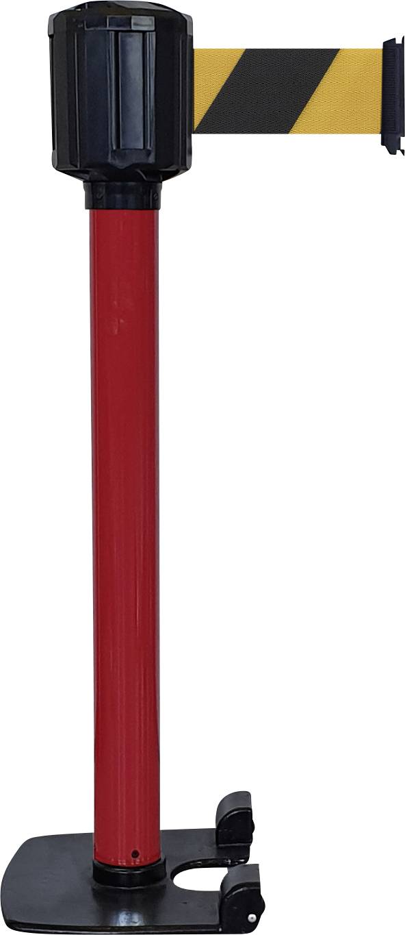 Roter Absperrpfosten mit schwarzem Bodenständer. Ein gelb-schwarzes Absperrband ist oben befestigt und ausgezogen.