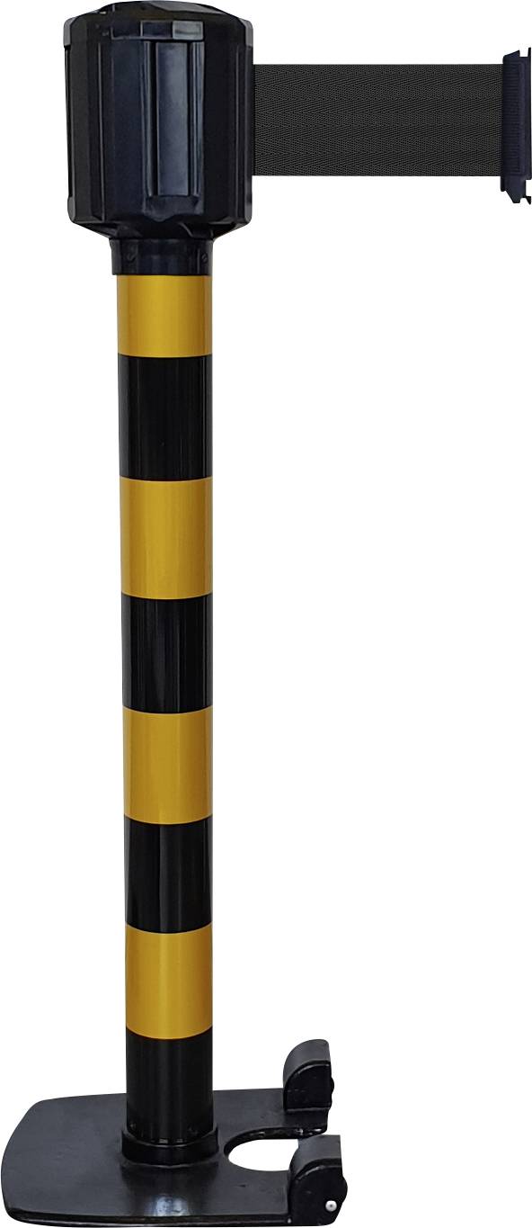 Ein Absperrpfosten mit gelben und schwarzen Streifen, oben mit einem einziehbaren Gurtband, das zur Zugangskontrolle verwendet wird.