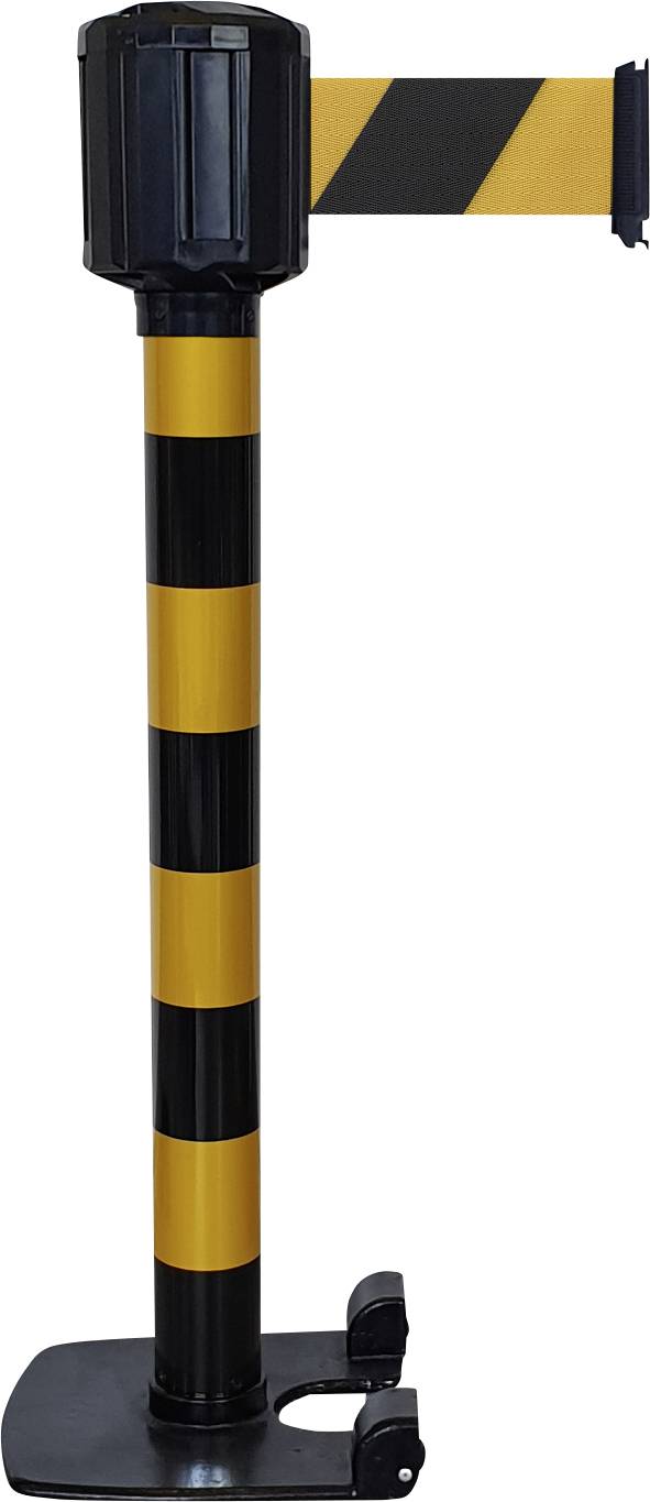 Schwarz-gelber Absperrpfosten mit einziehbarem Band zur Zugangskontrolle in öffentlichen oder privaten Bereichen.
