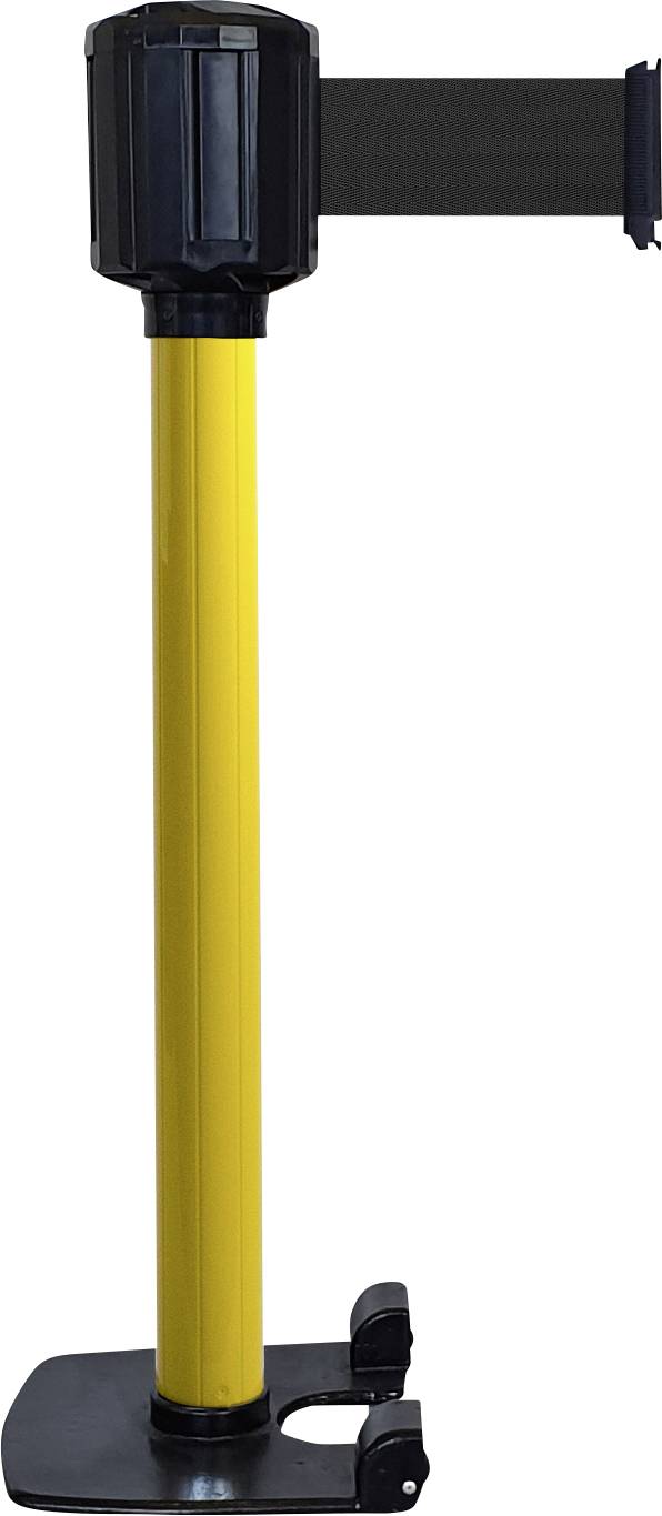 Gelbe Absperrpfosten mit schwarzem, einziehbarem Gurt zur Abgrenzung von Bereichen.