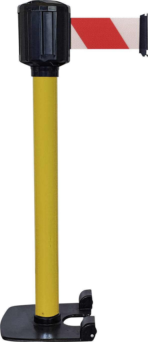 Ein gelber Absperrpfosten mit einer schwarz-weiß-roten, einziehbaren Absperrbande.