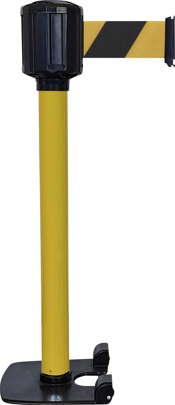 Gelber Absperrpfosten mit schwarz-gelbem Band zur Zugangskontrolle in einem Bereich.