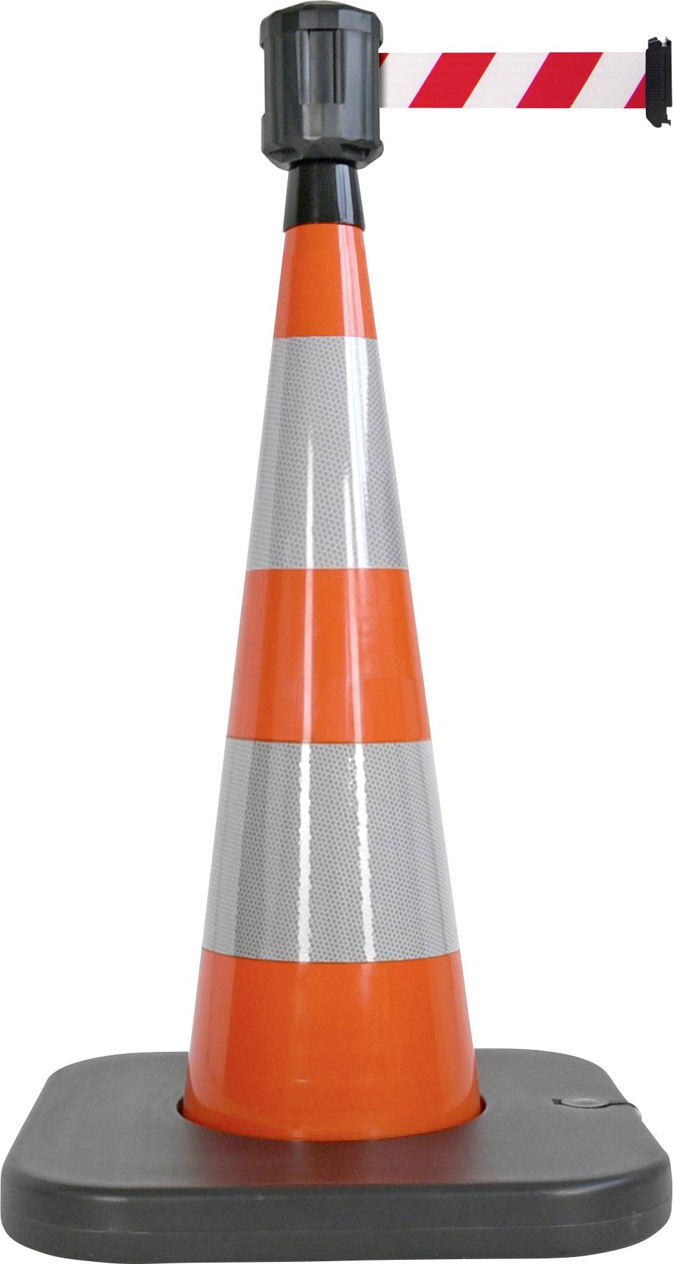 Eine orange-weiß gestreifte Verkehrshütchen mit rotem Absperrband oben befestigt, steht auf schwarzem Sockel.