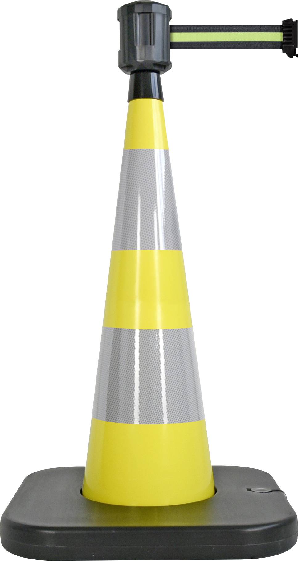 Gelb-grauer Verkehrskegel mit integriertem, ausziehbarem Sperrband in einer Halterung oben. Ideal zur temporären Absperrung.