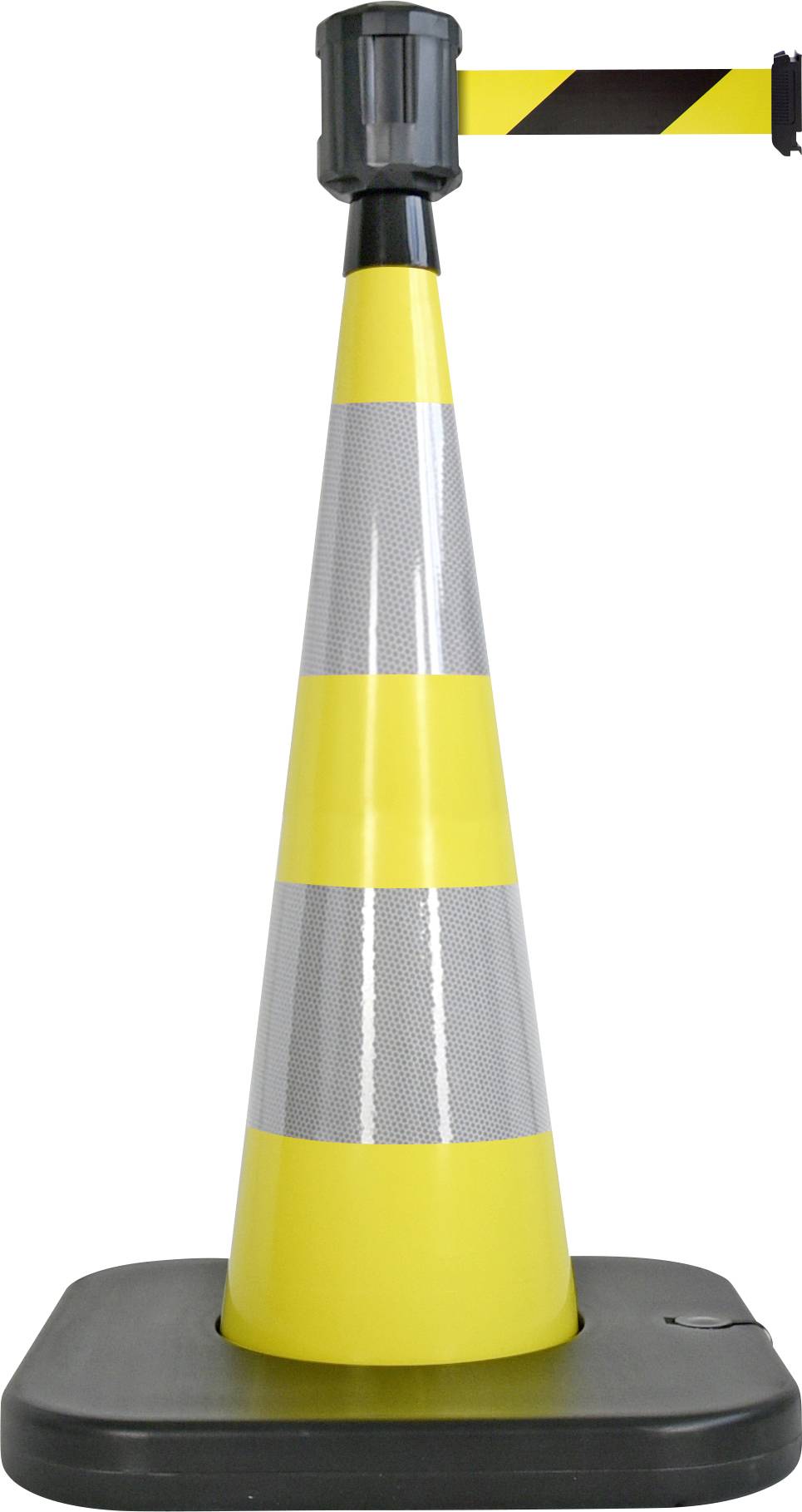 Gelb-schwarzer Verkehrskegel mit ausziehbarem Absperrband, ideal zur Absperrung von Bereichen und zur Sicherheit auf Baustellen.