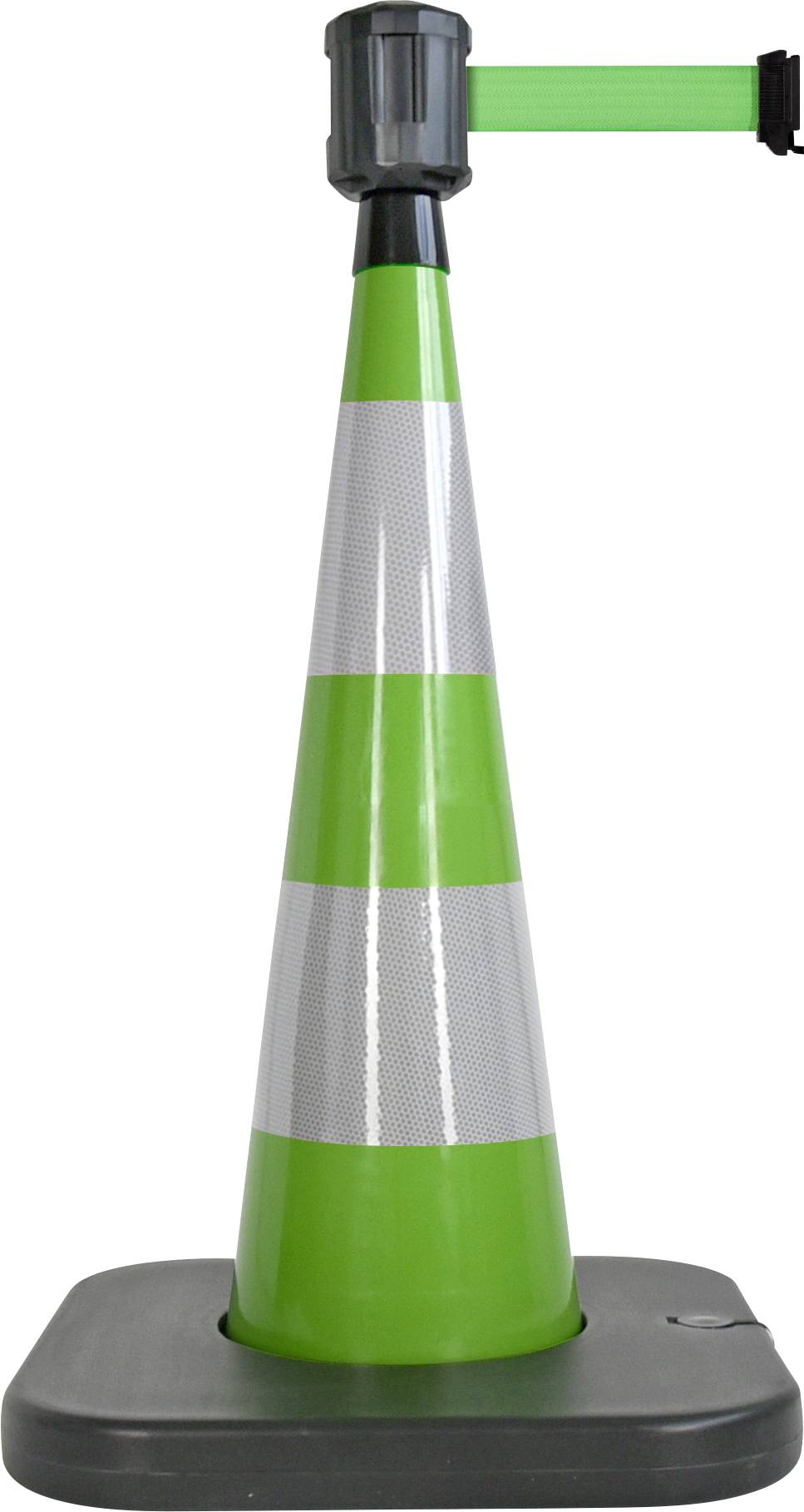 Ein grüner Verkehrskegel mit weiß reflektierenden Streifen und einer grünen Absperrbandrolle oben.