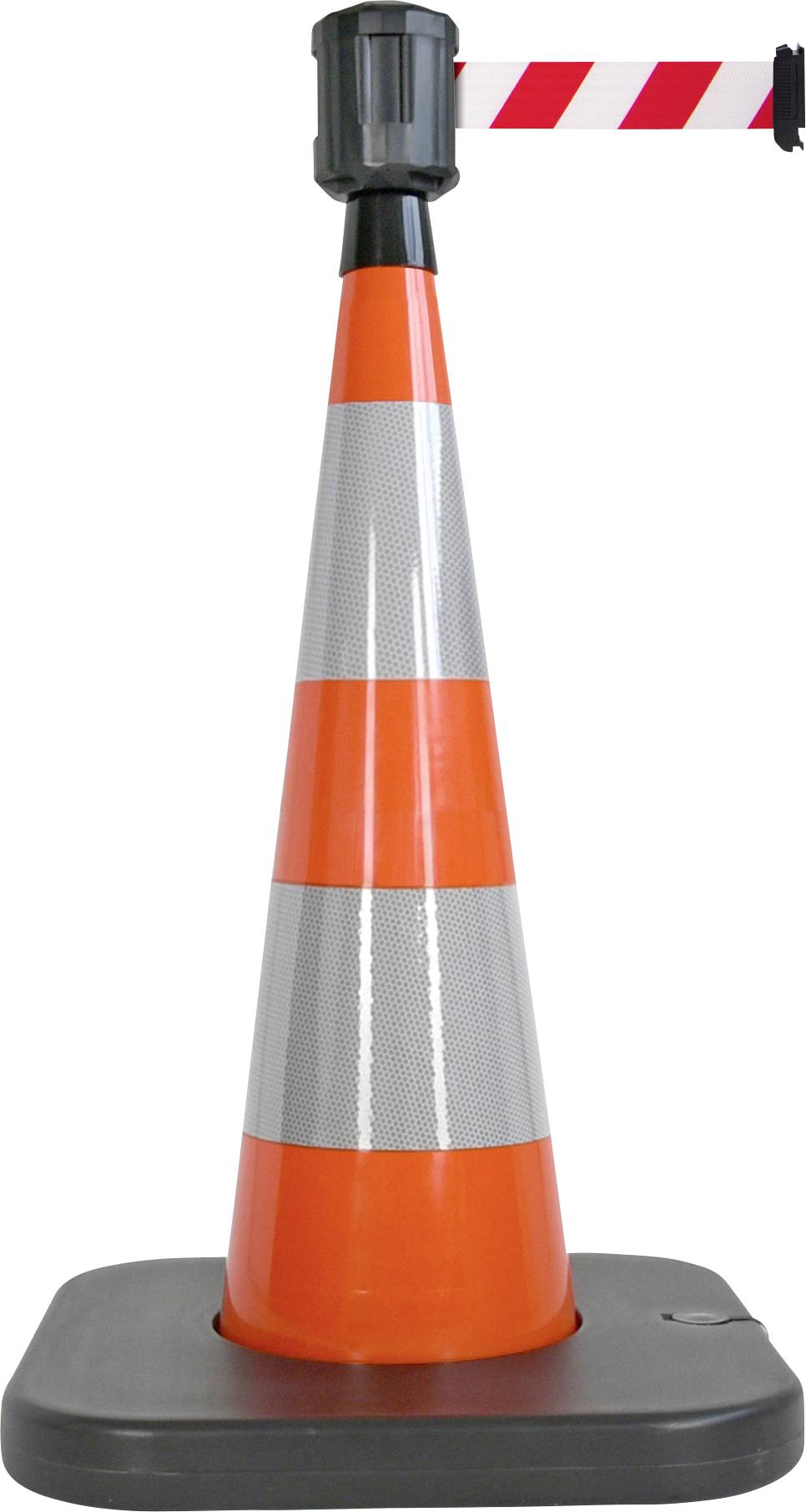 Eine orange-weiße Verkehrswarnbake mit rot-weißer Absperrbandhalterung.