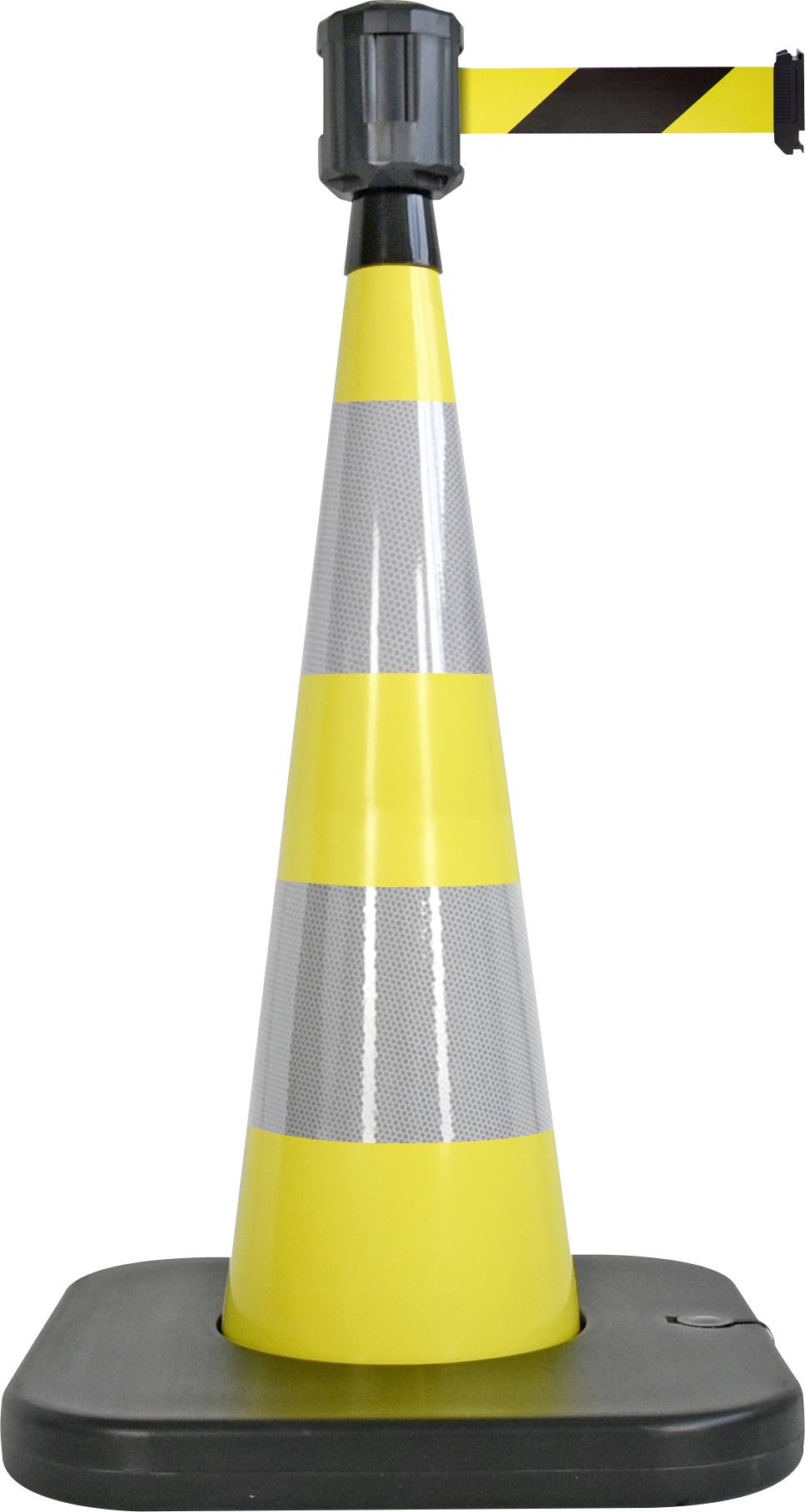 Ein gelb-grauer Leitkegel mit herausziehbarem gelb-schwarzem Band. Verwendet zur Absperrung oder Markierung von Bereichen.