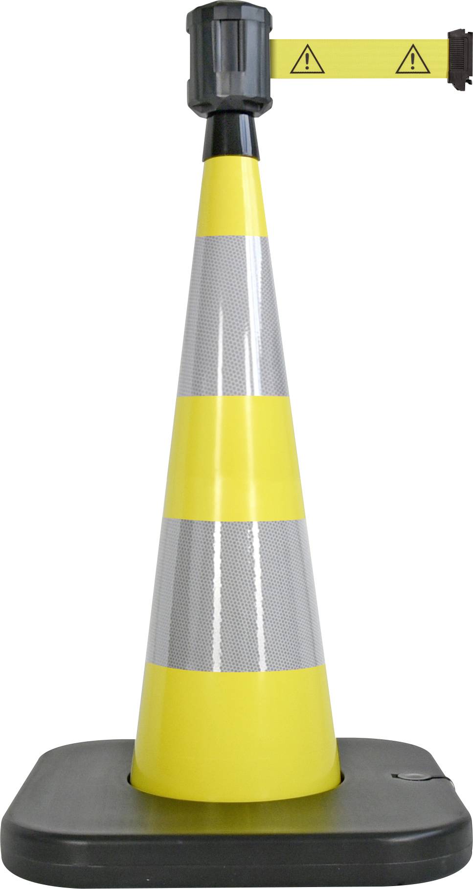 Gelber Leitkegel mit reflektierenden Streifen und ausfahrbarem Warnband mit Warnsymbolen. Geeignet zur Absperrung von Bereichen.