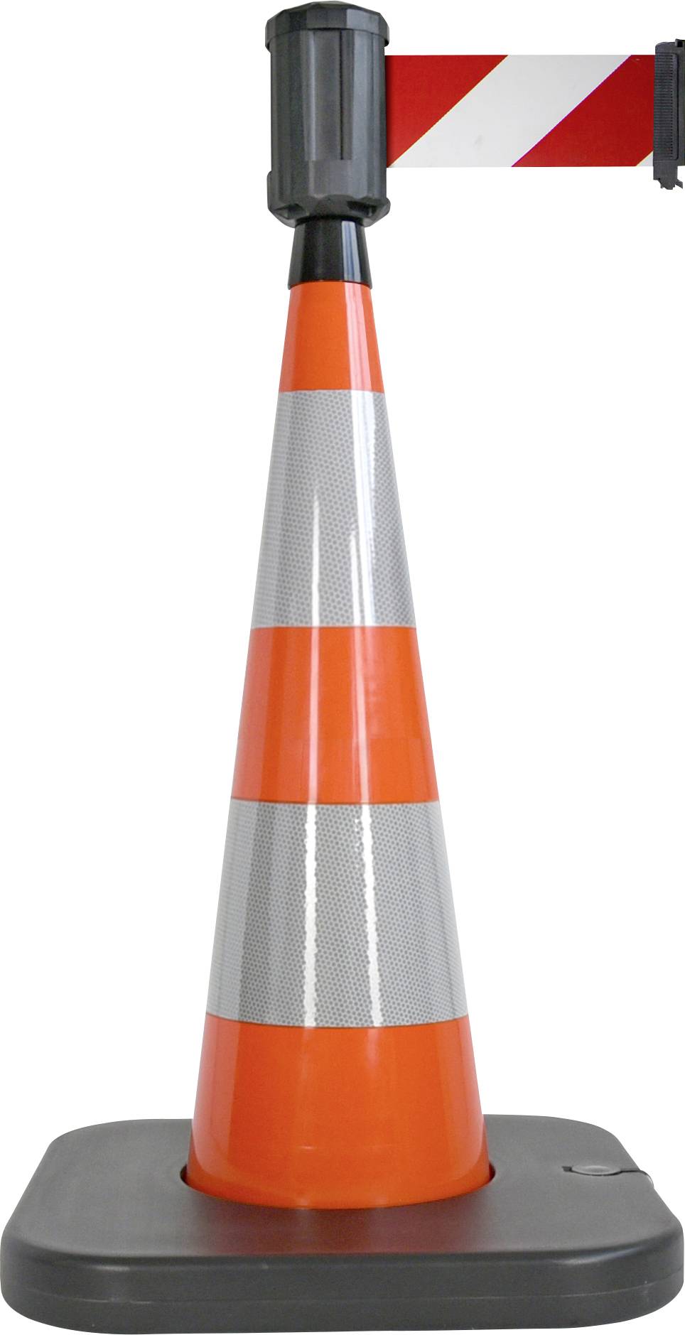 Eine Verkehrsleitkegel mit orangenen und reflektierenden Streifen auf grauem Sockel, oben mit rot-weißem Absperrband befestigt.