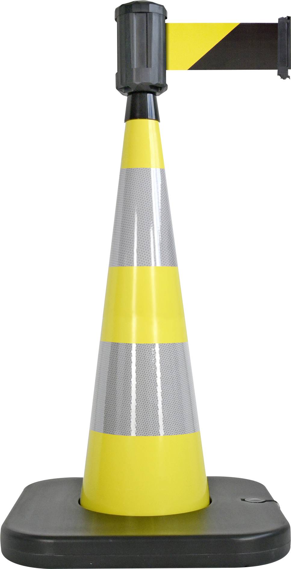 Gelb-schwarzer Sicherheitskegel mit reflektierenden Streifen, der eine Absperrung signalisiert.