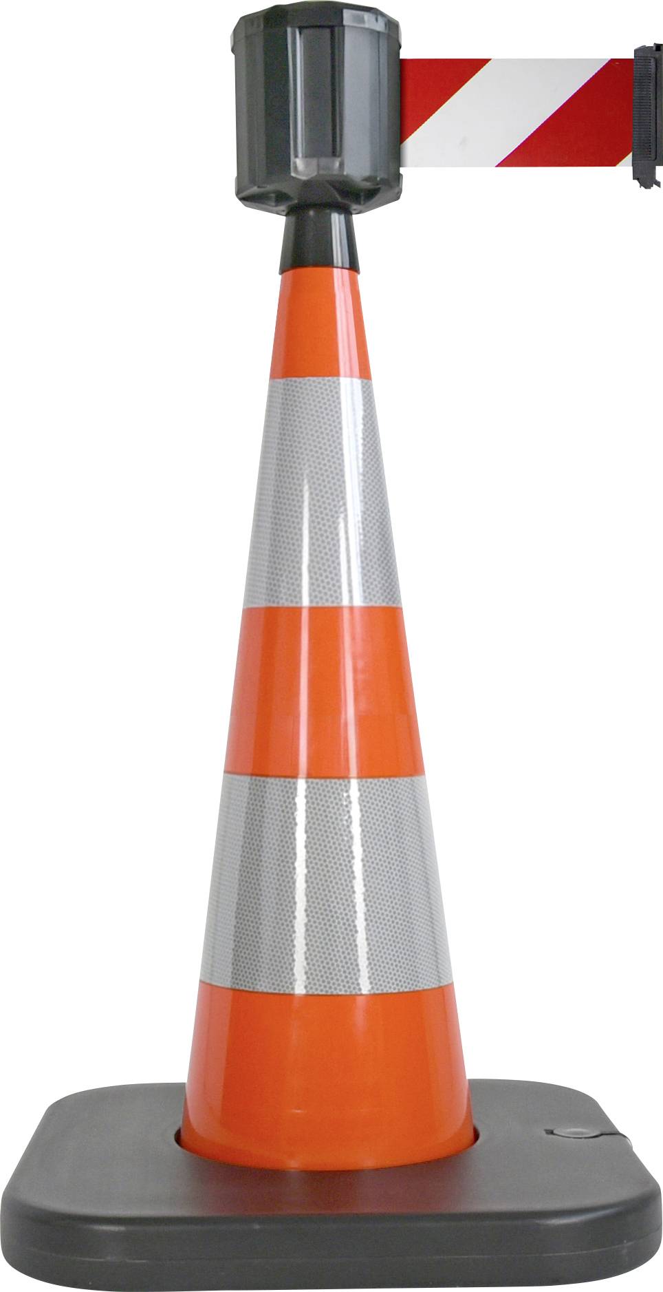 Ein rot-weißer Leitkegel mit reflektierenden Streifen und einem ausziehbaren Band zur Absperrung.