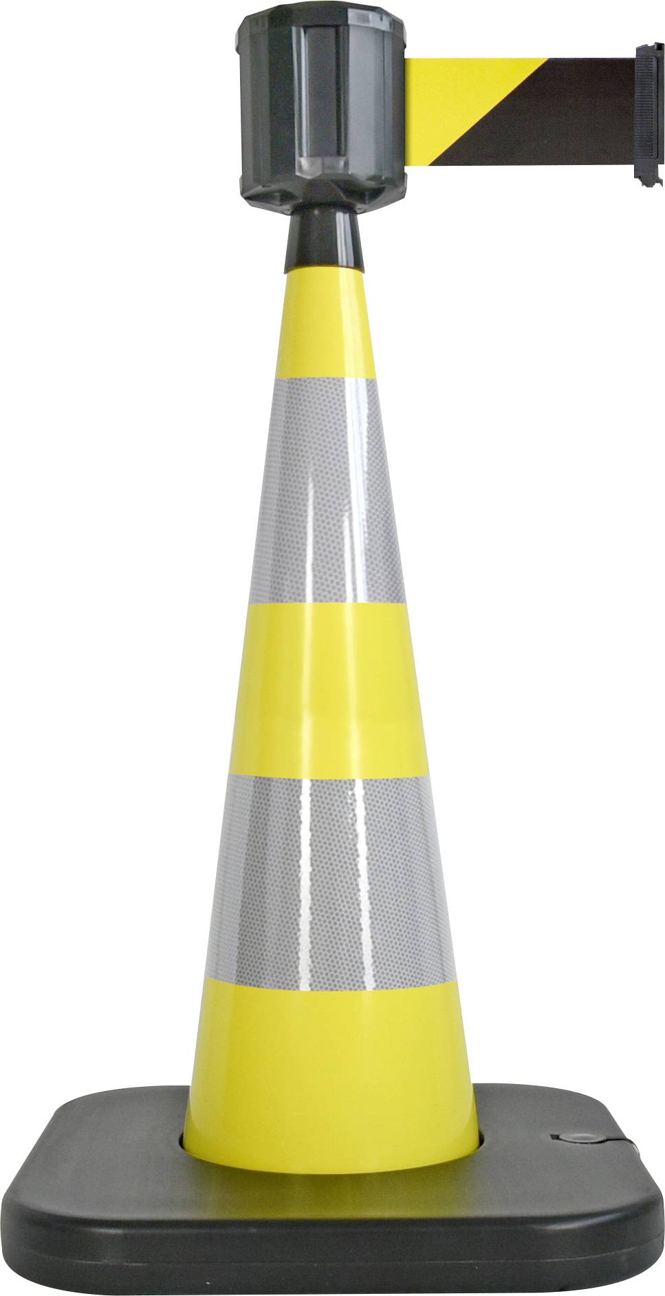 Eine gelbe Absperrkegel mit schwarzem Band, das für die Kontrolle von Menschenmengen oder zur Absperrung von Bereichen verwendet wird.
