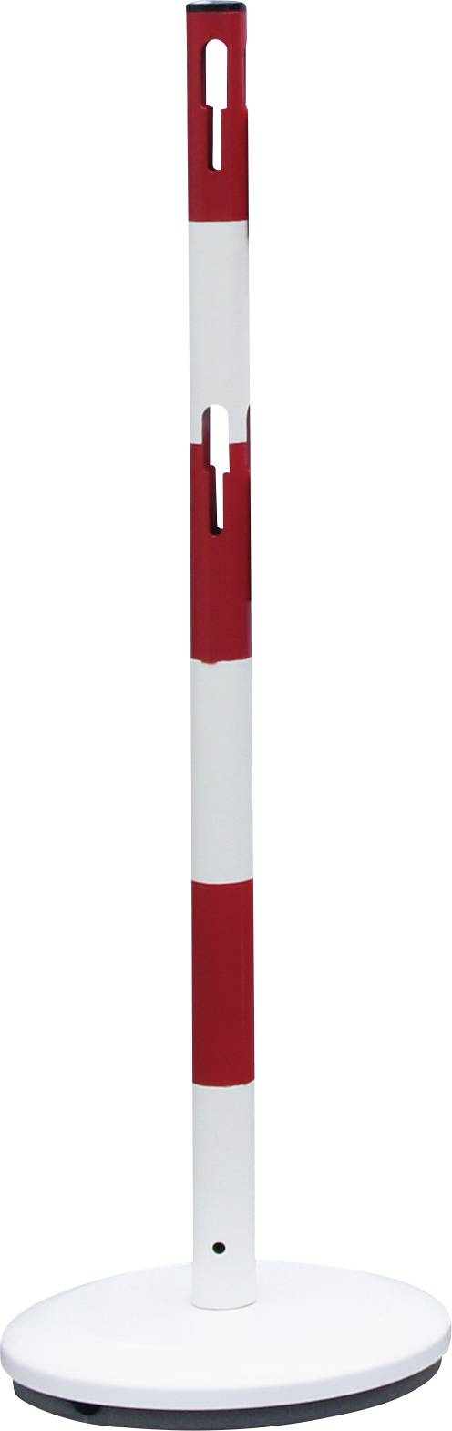 Rote und weiße Absperr-Stange auf rundem Sockel, oft für temporäre Absperrungen oder Bereichskennzeichnungen verwendet.