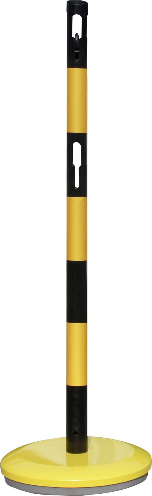 Gelb-schwarzer Absperrpfosten mit rundem Standfuß, verwendet zur Verkehrs- oder Zugangskontrolle in stark frequentierten Bereichen.