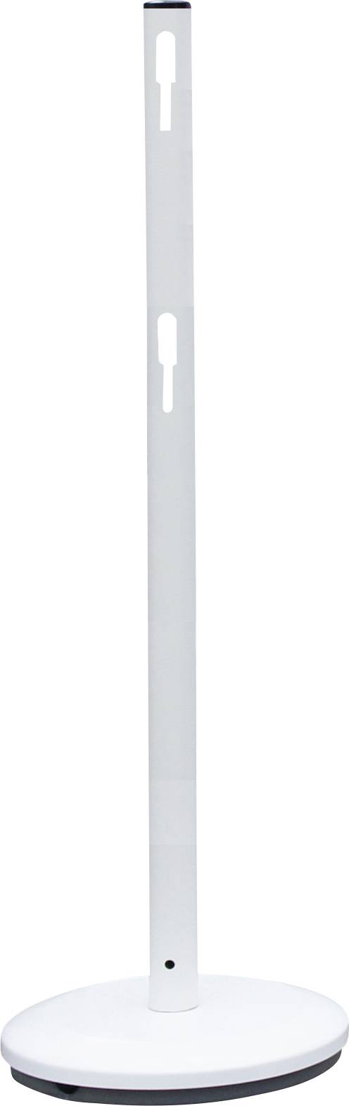 Weißer, vertikaler Standfuß mit rundem, flachem Sockel und mehreren Aussparungen entlang des Schafts.