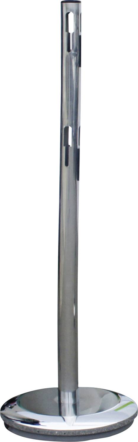 Ein glänzender, runder Metallständer mit einem schmalen vertikalen Schlitzmuster an der Stange, montiert auf einer breiten, runden Basis.