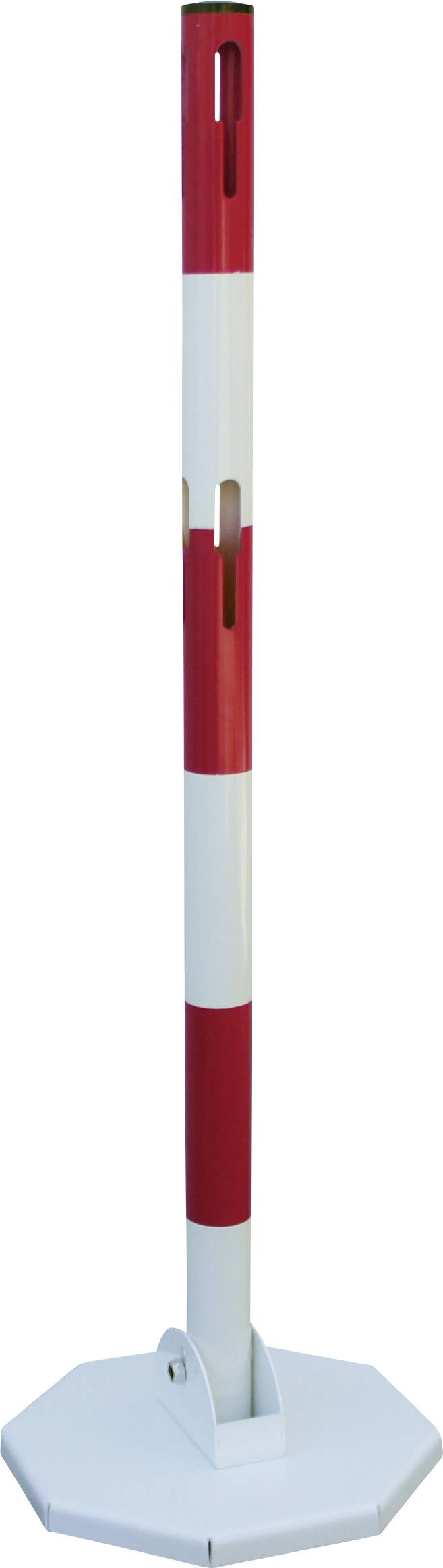 Ein rot-weiß gestreifter Absperrpfosten mit achteckiger Basis, verwendet zur Absperrung oder Markierung von Bereichen.