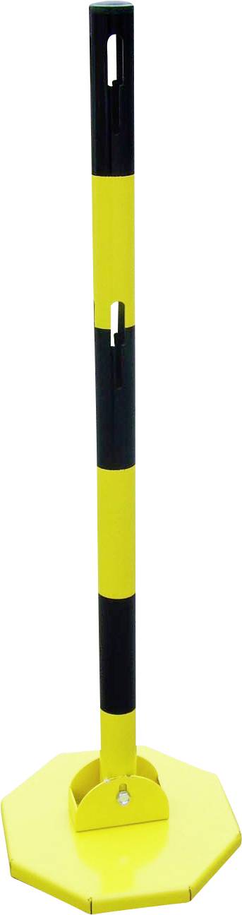 Ein gelb-schwarz gestreifter Absperrpfosten mit rundem gelbem Standfuß, verwendet zur Absperrung oder Markierung von Bereichen.