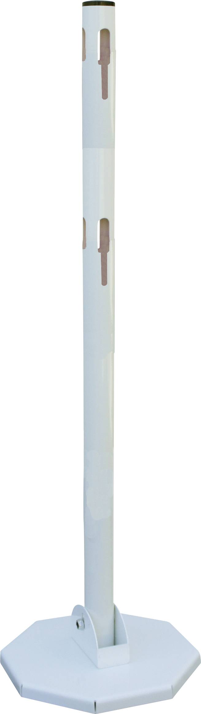 Ein weißer, vertikaler Pfosten mit mehreren seitlichen Öffnungen, montiert auf einem achteckigen Sockel.