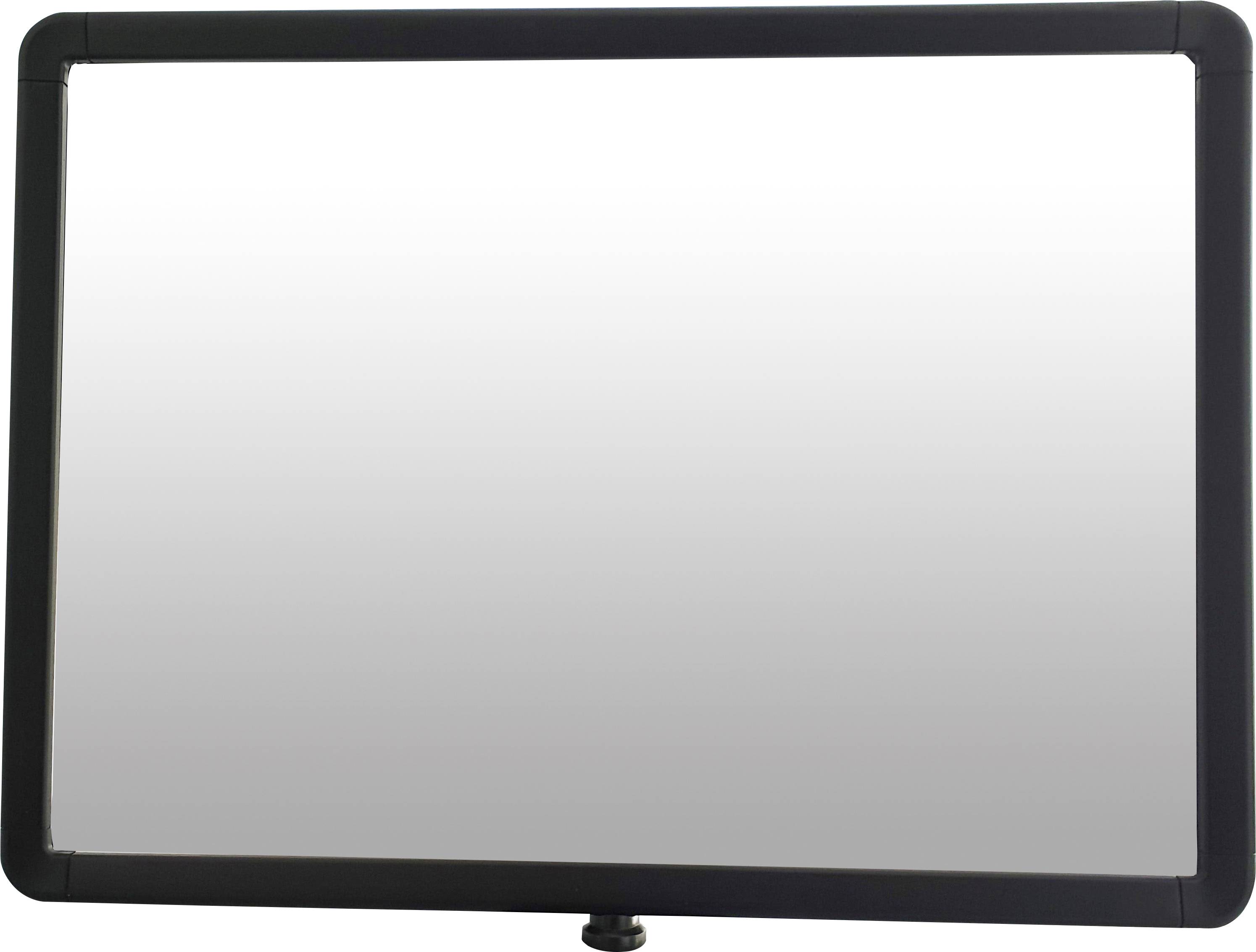 Rechteckige, reflektierende Oberfläche, ähnlich einem Spiegel, mit schwarzem Rahmen vor schlichter, weißer Hintergrundfläche.