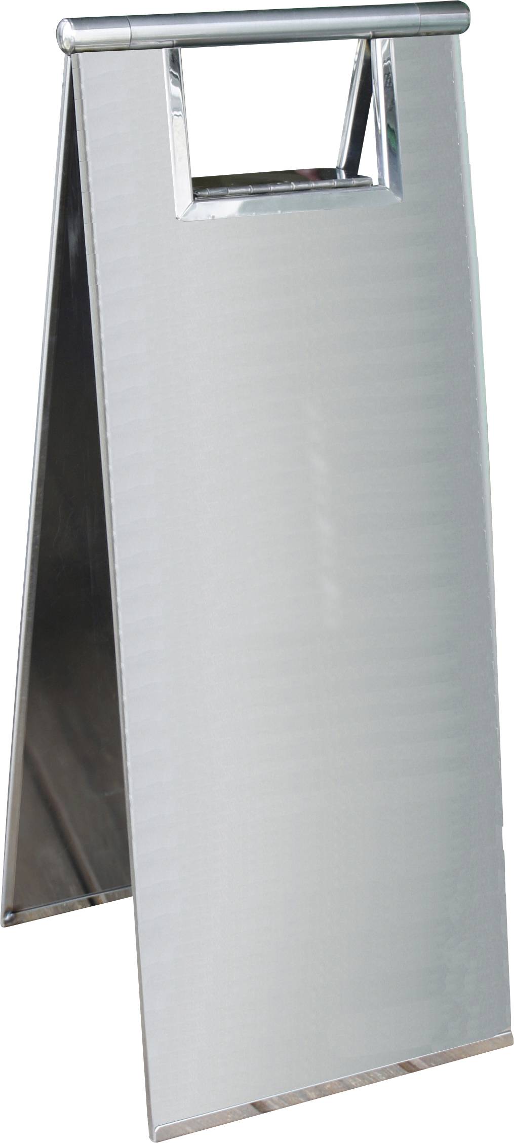 Ein silbernes, klappbares Schildständer mit einem rechteckigen Griff oben.