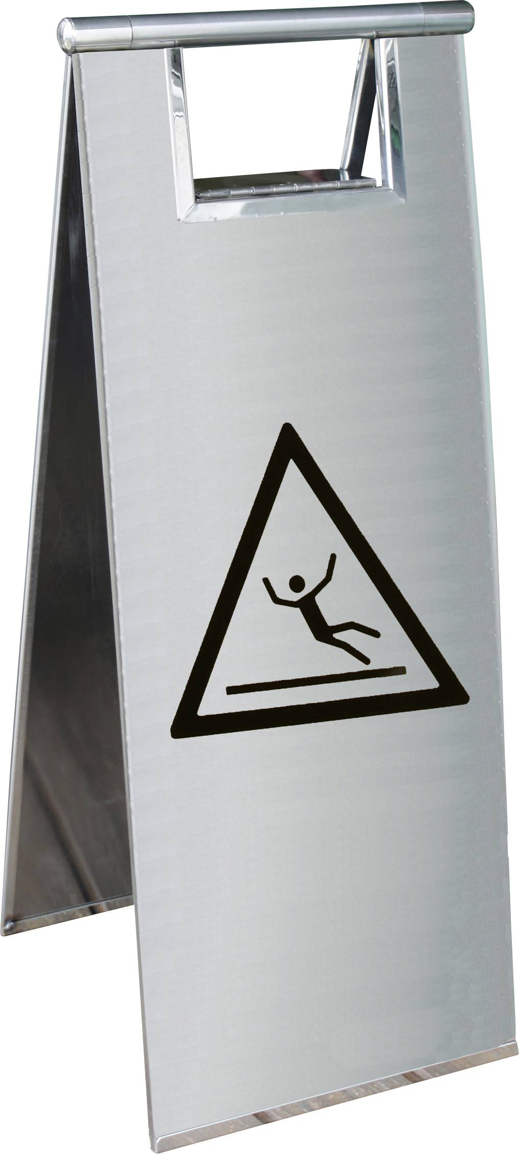 Ein silbernes Warnschild mit dem Symbol einer rutschenden Person. Es weist auf eine mögliche Rutschgefahr hin.