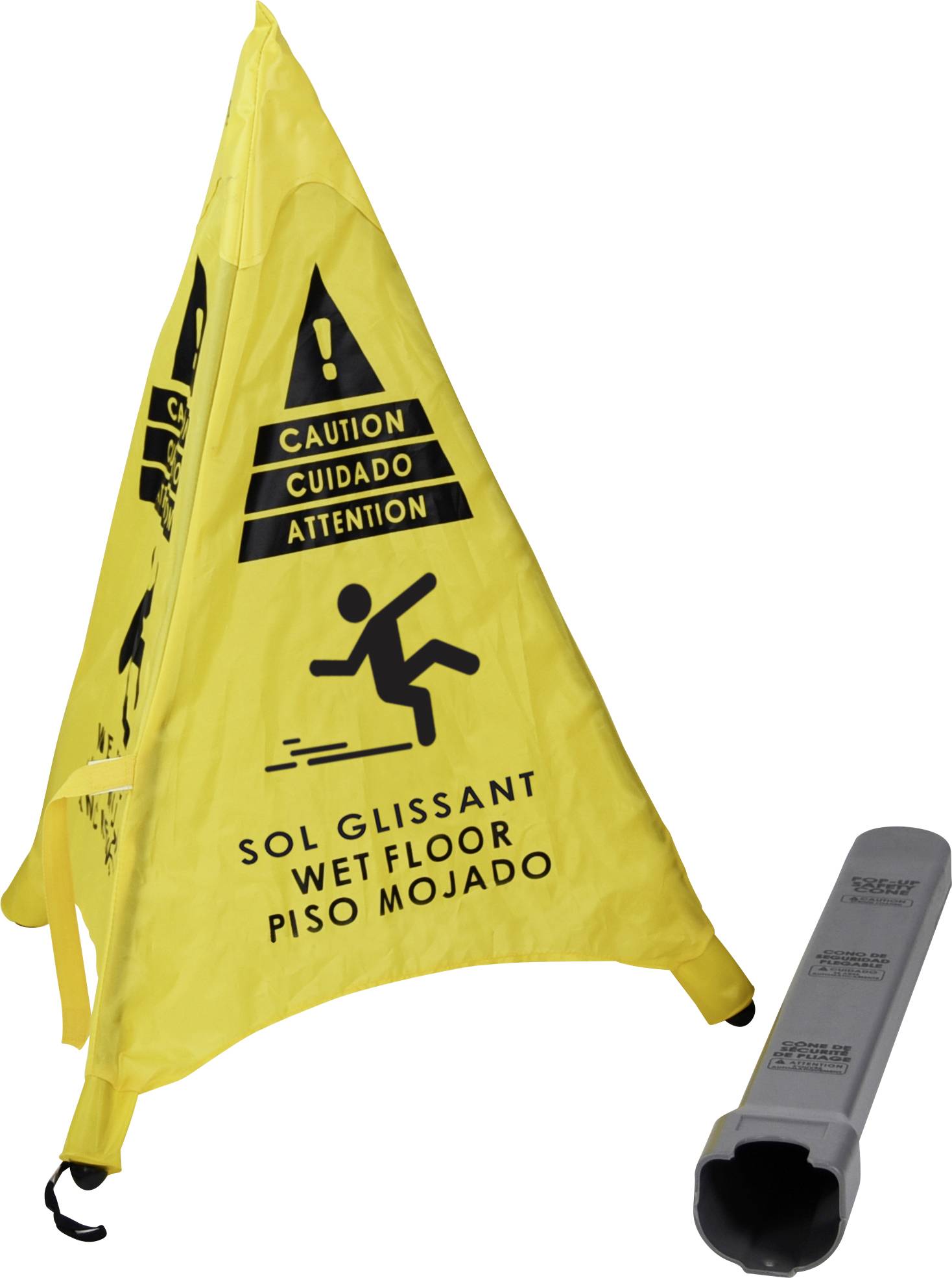 Gelbes, dreieckiges Warnschild mit der Aufschrift 'Vorsicht Rutschgefahr' in mehreren Sprachen, daneben ein grauer Ständer.