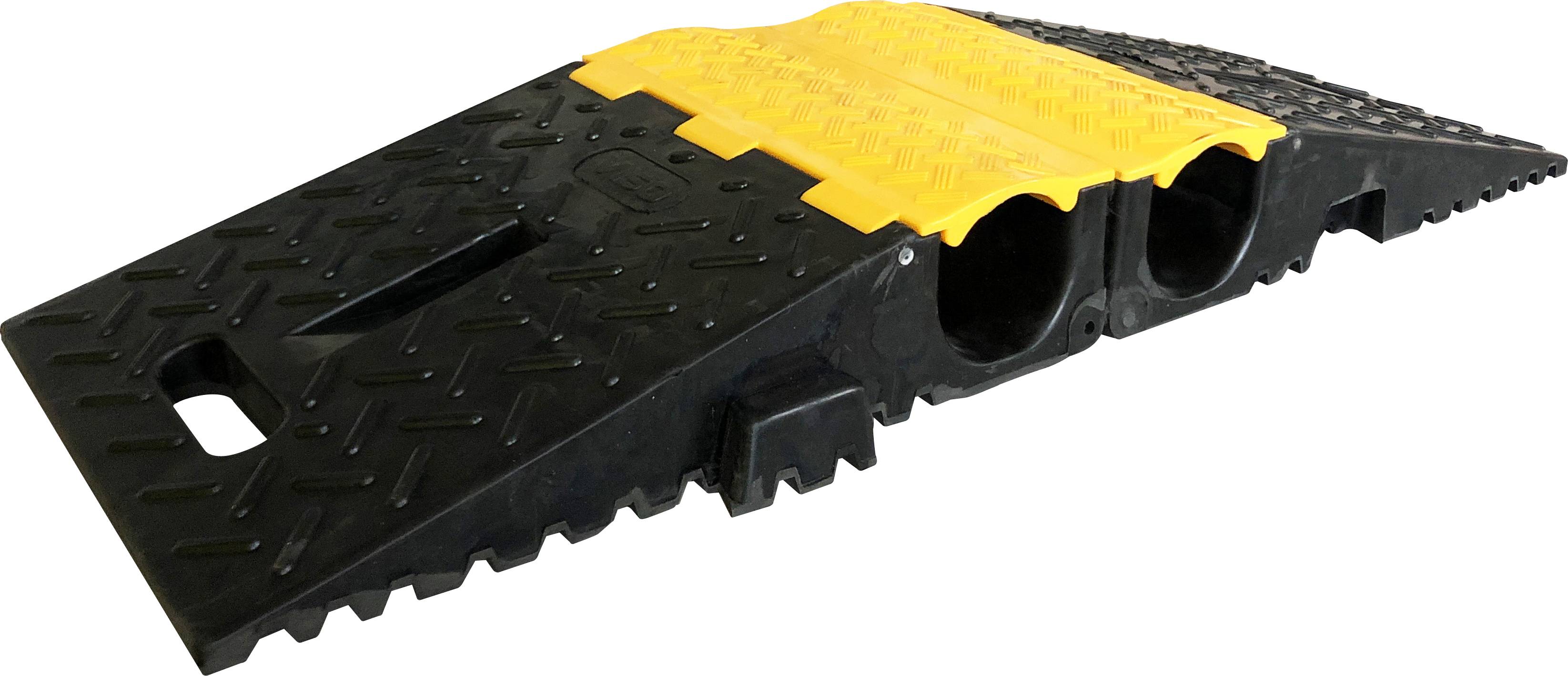 Eine schwarze Kabelbrücke mit gelber Abdeckung, die Kabel schützt und Stolperfallen auf Böden verhindert.