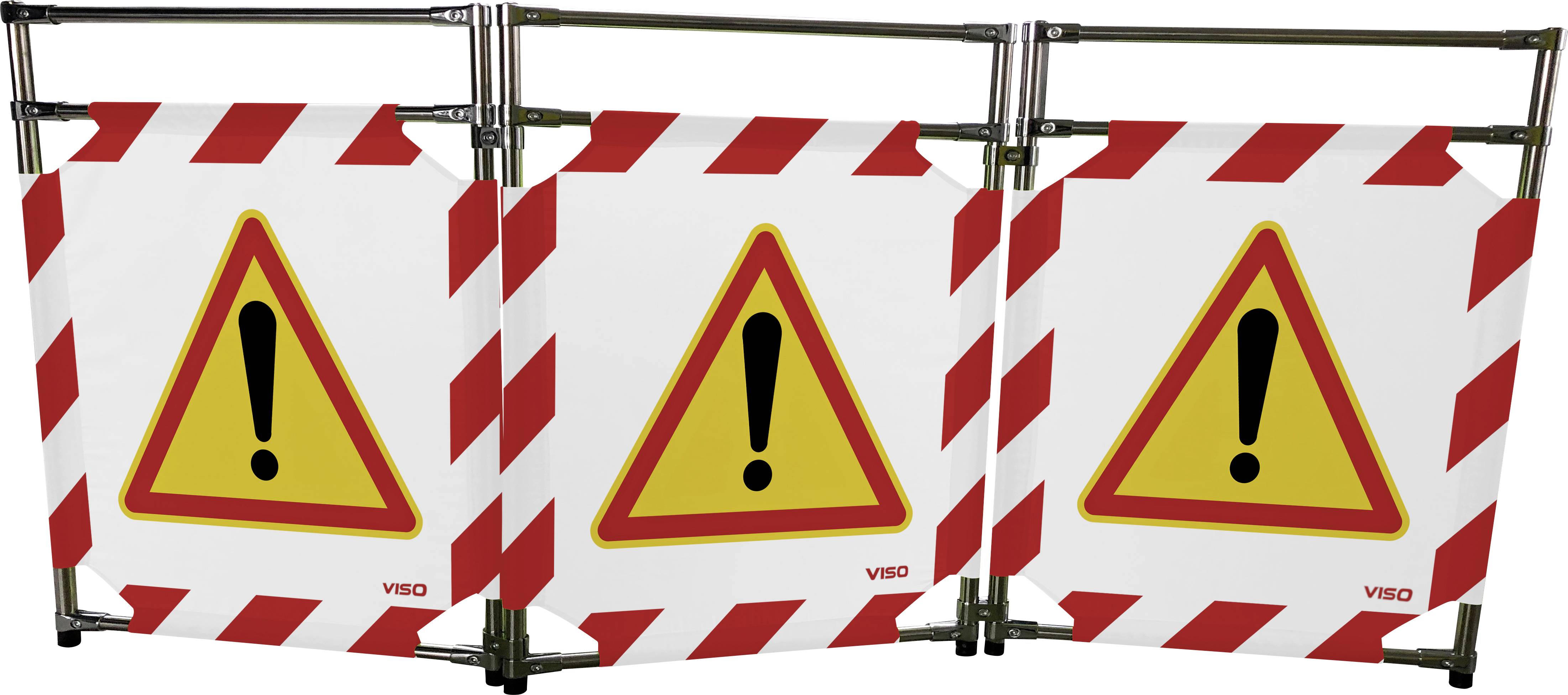 Drei Warnschilder mit gelben Dreiecken und schwarzen Ausrufezeichen. Rote und weiße Streifen um den Rand.