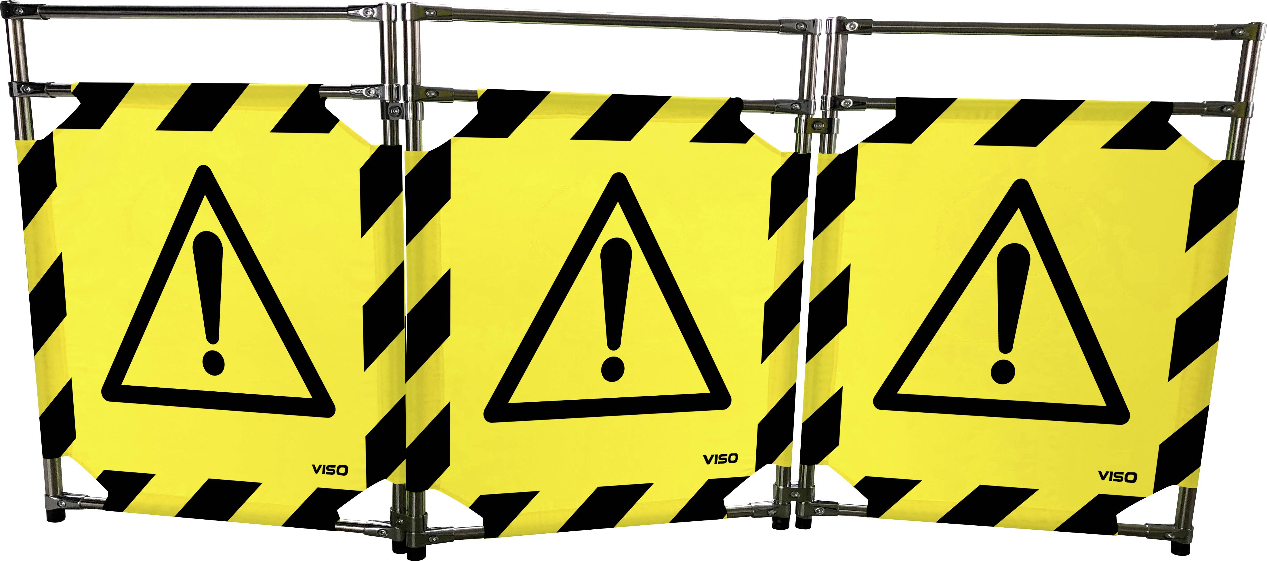 Drei gelbe Warnschilder mit schwarzen Streifen und Ausrufezeichen weisen auf eine Gefahr oder Warnung hin.