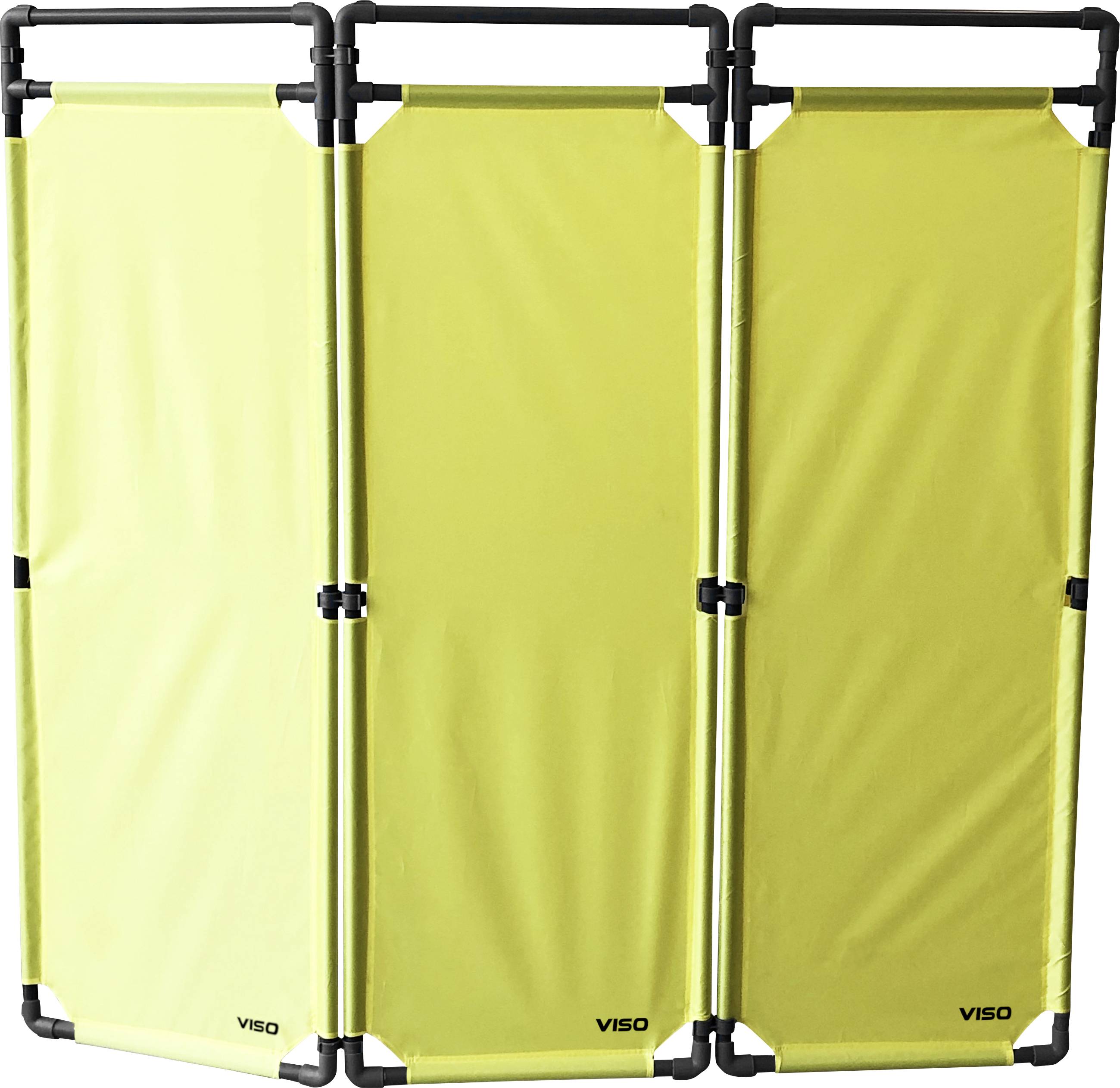 Ein gelber, dreiteiliger Raumteiler aus Stoff mit stabilen schwarzen Rahmen. Geeignet zur optischen Trennung von Bereichen.