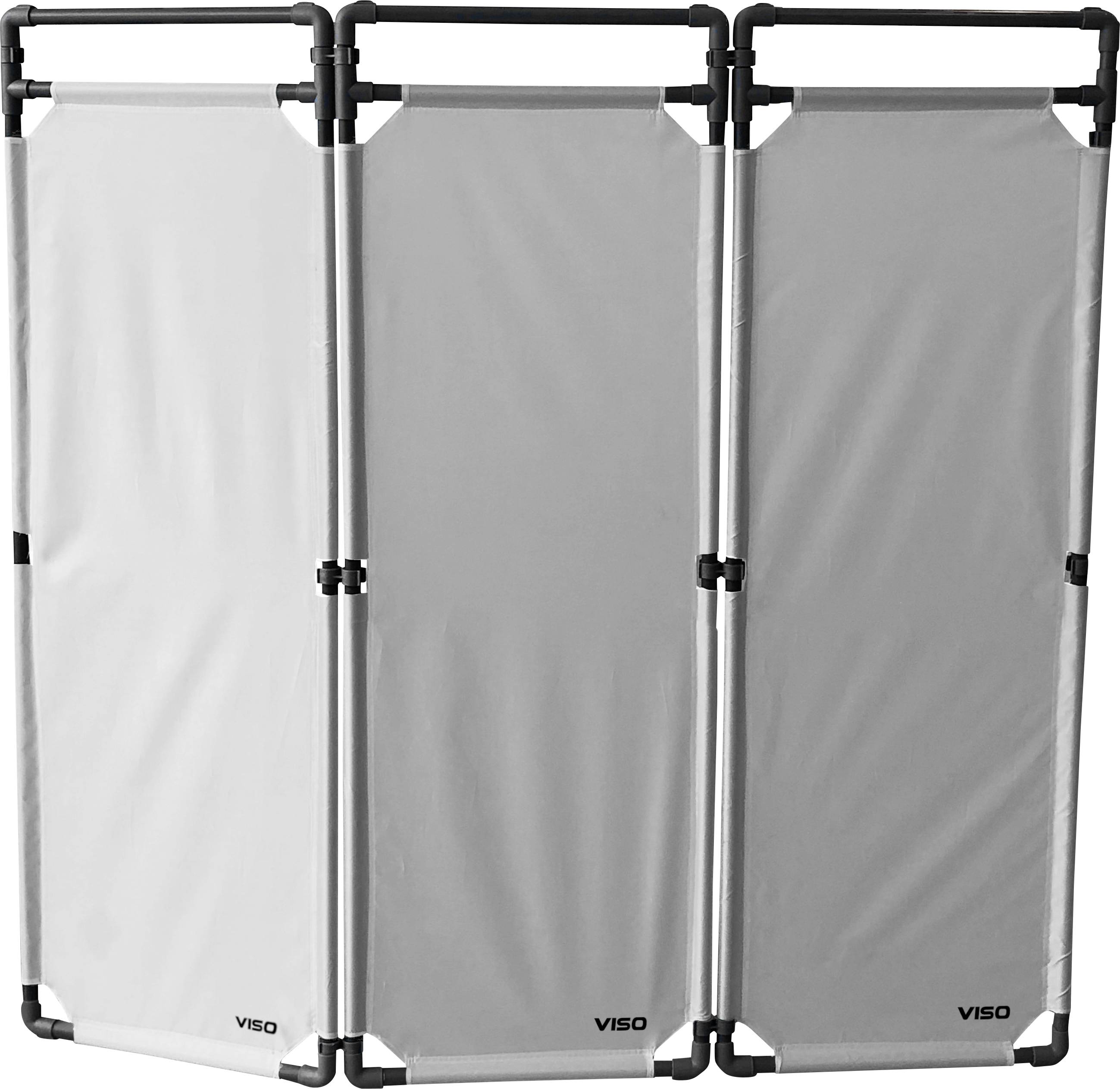 Ein dreiteiliger Sichtschutz aus grauem Stoff, gestützt durch schwarze Rahmen.