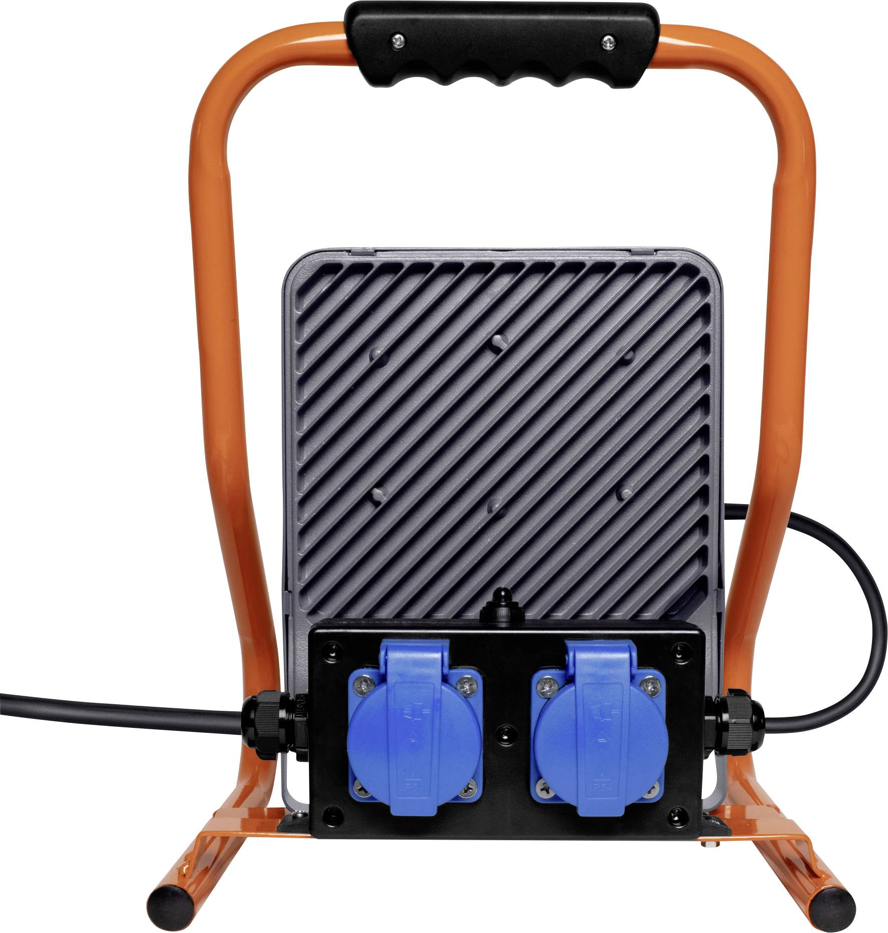 Ein tragbarer, oranger LED-Baustrahler mit zwei blauen Steckdosen auf der Rückseite, geeignet für Baustellenbeleuchtung.