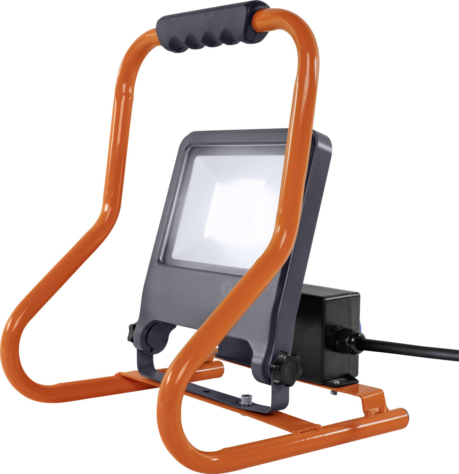 Ein tragbarer, orangefarbener LED-Strahler auf einem Ständer, geeignet für den Einsatz als Baustellen- oder Arbeitsleuchte.